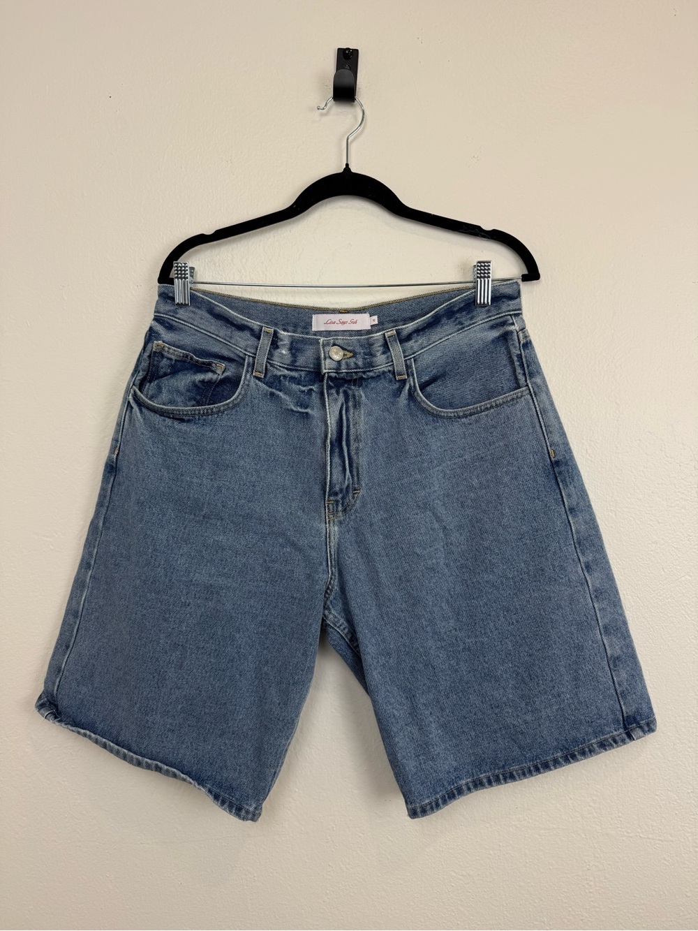 Lisa Says Gah Denim Bermuda Shorts 10 High Rise Longline Jean Shorts Blue Wash